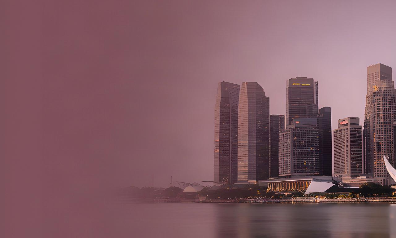 Muted Singapore skyline at dusk viewed across the Marina Bay business district